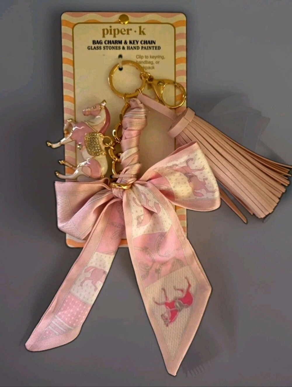 Piper K Hand Painted Horse Equestrian Bag Charm & Key Chain Tassel Bow Pink NWT